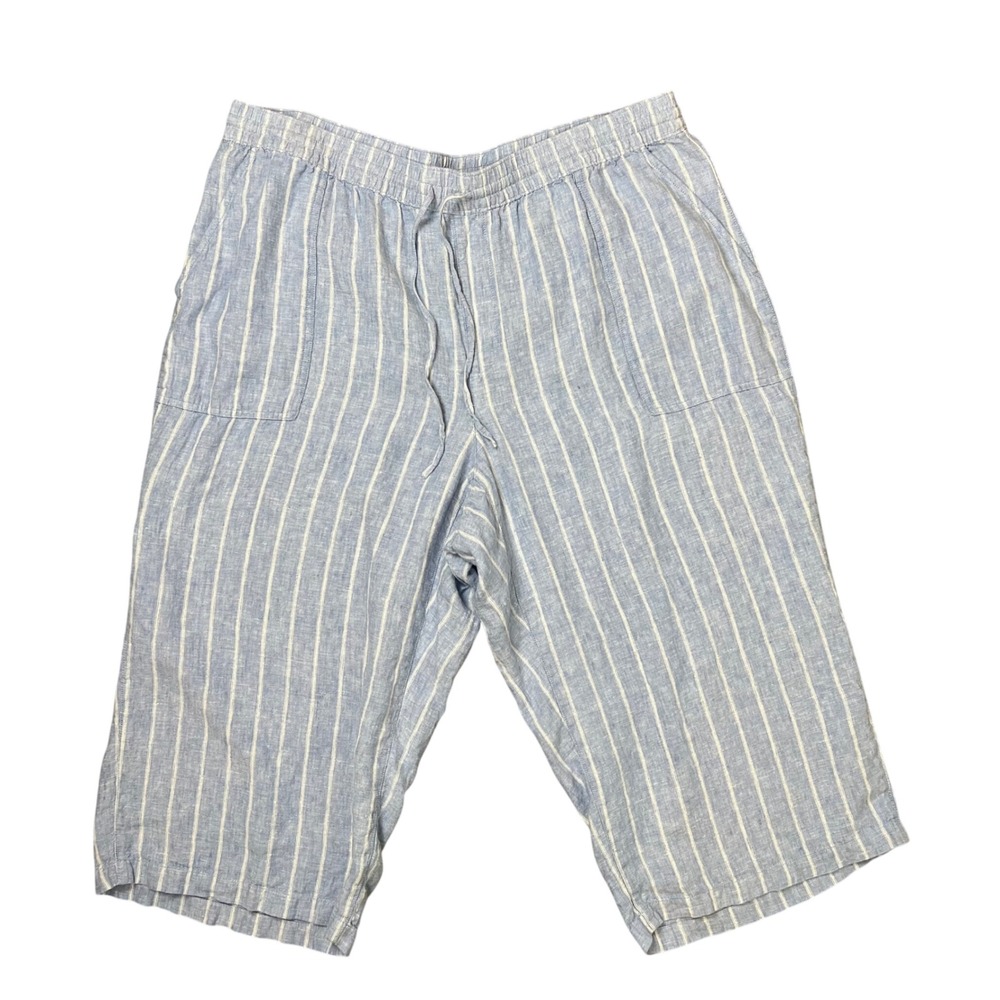Lands End Womens 2X 100% Linen Striped High Rise Crop Pants Blue White